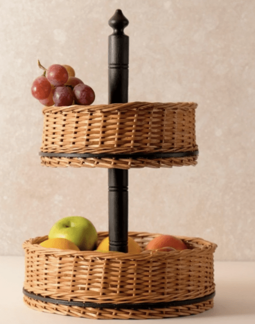 Wicker & Wood Fruit Basket With 2 Tiers & Cutlery Holder Combo Handcrafted in Kashmir - Image 2